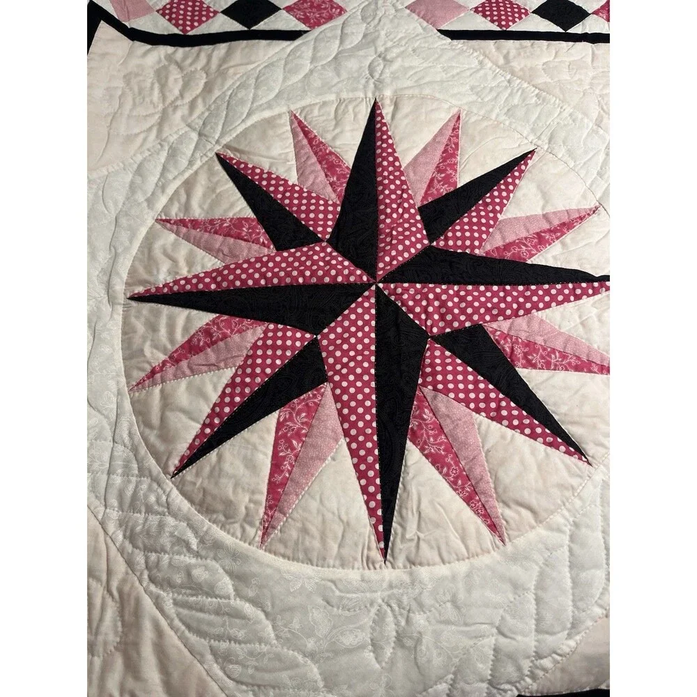 Hand Sewn Mariner’s Compass Black Pink White 45x45” Wall Hanging Lap Blanket